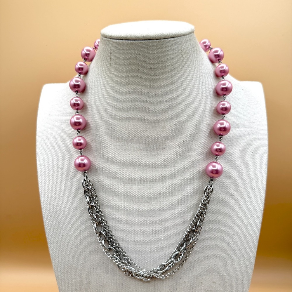 Pink Faux Pearl Silver Tone Multi Chain Statement Necklace Layered Y2K Jewelry